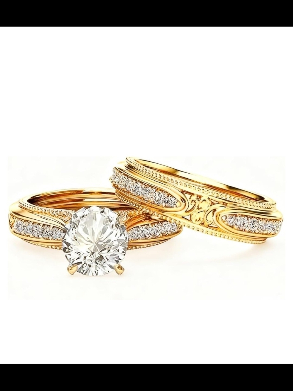 Gold Diamond Solitaire Engagement Ring and Matching Band - Gold